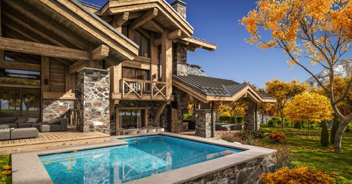 Luxury home with a pool in the foreground